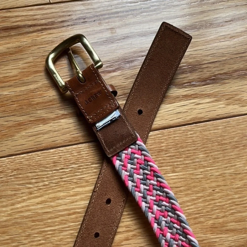 J. Crew Tan Leather Pink & Gray Woven belt Small